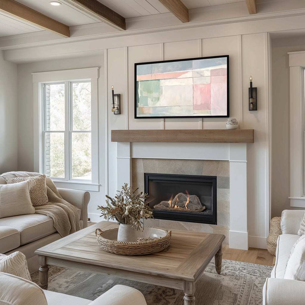 Living room with fireplace, television, and decorative elements.