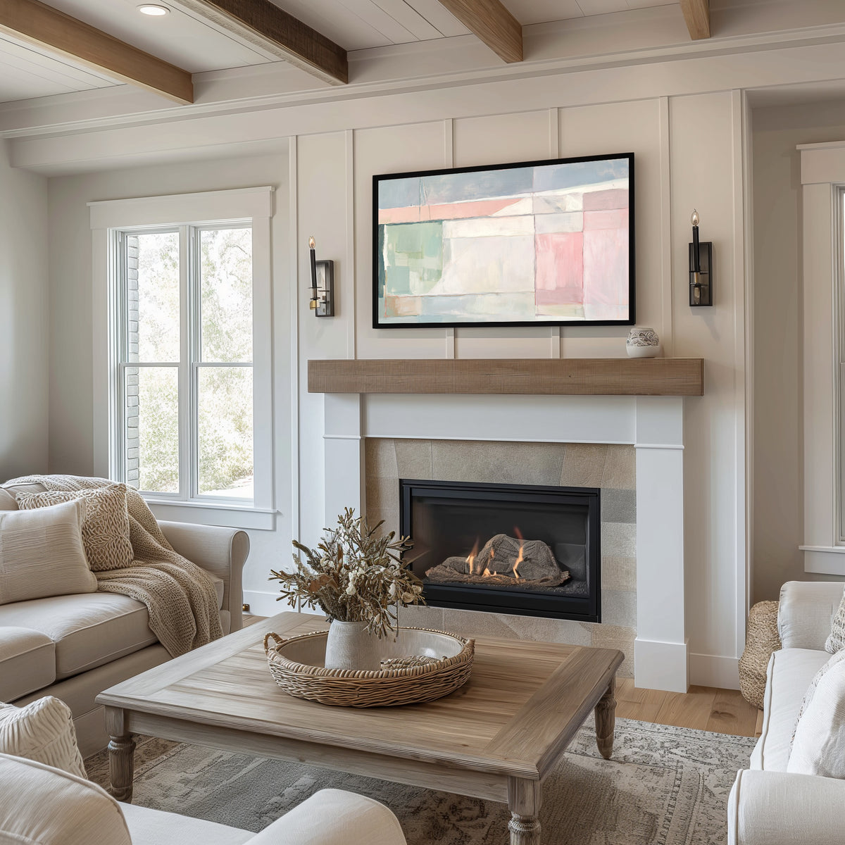 Living room with fireplace, television, and decorative elements.