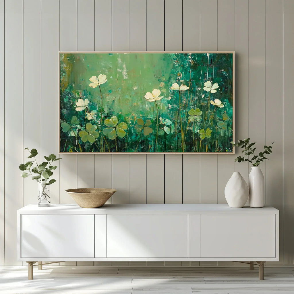 Samsung Frame TV art of green shamrocks in impressionistic style for art tv