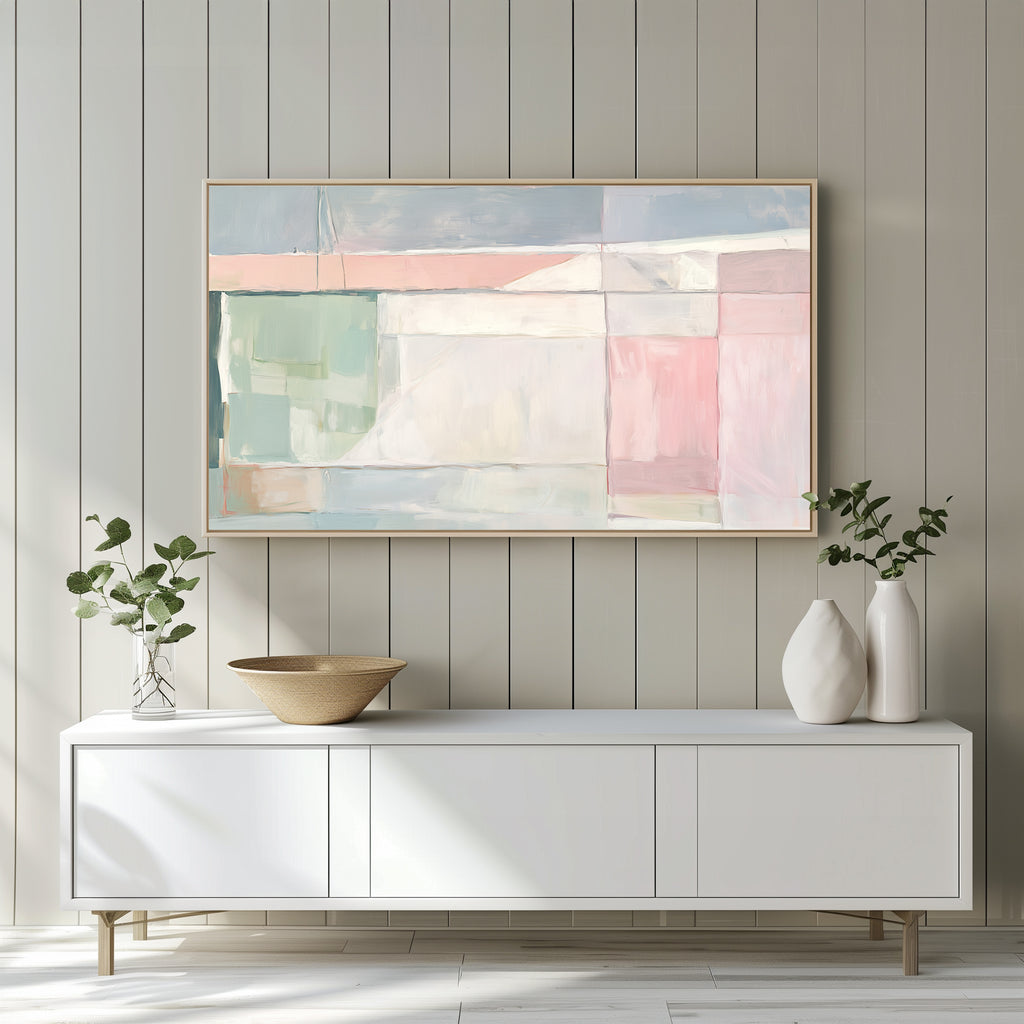 Samsung Frame TV Art | Pastel Abstract Image on white wall over white low bookcase