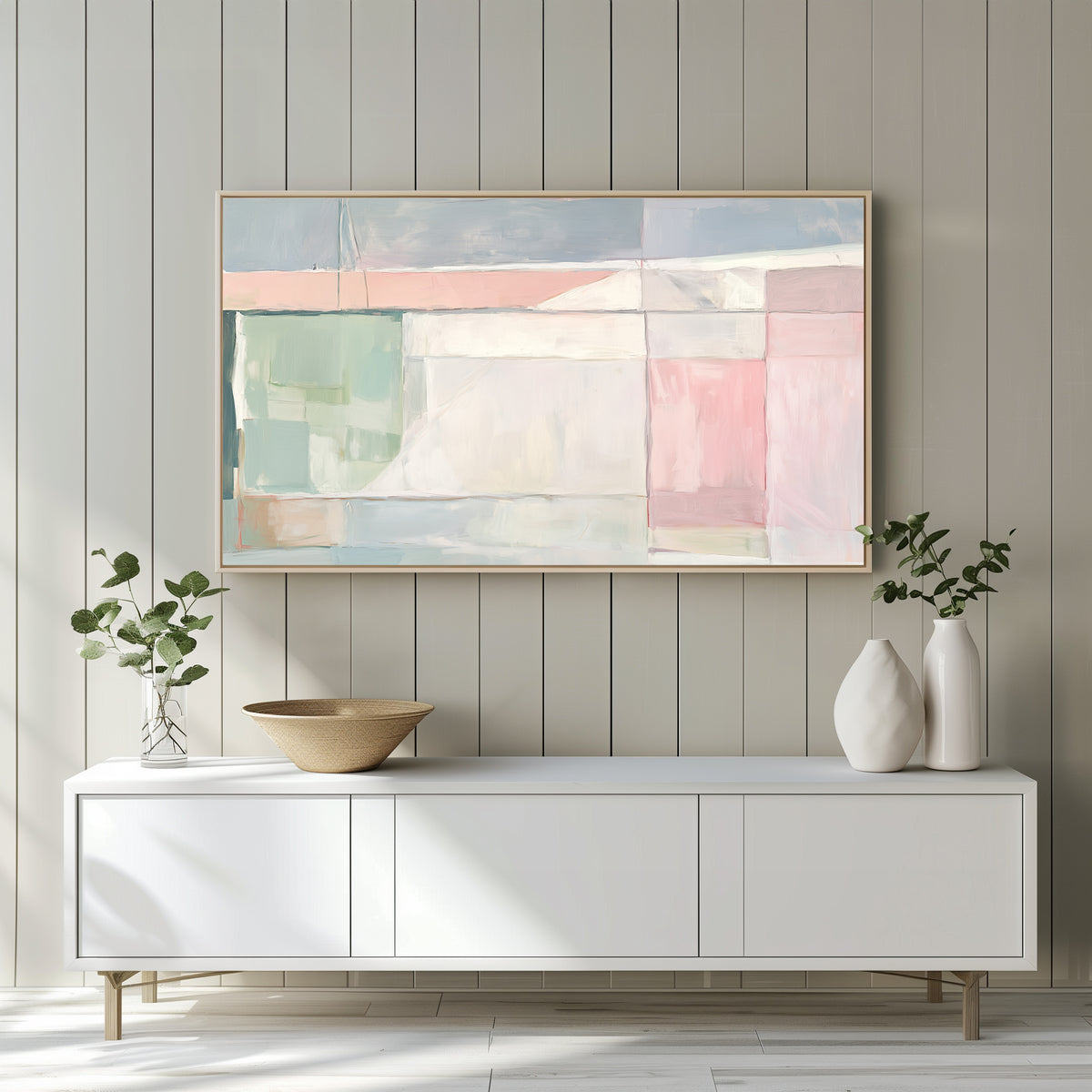 Samsung Frame TV Art | Pastel Abstract Image on white wall over white low bookcase