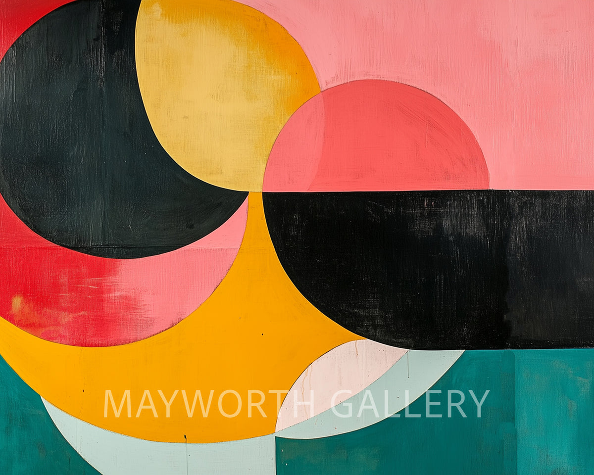 Abstract art with colorful circles on a textured surface, featuring the Mayworth Gallery logo.