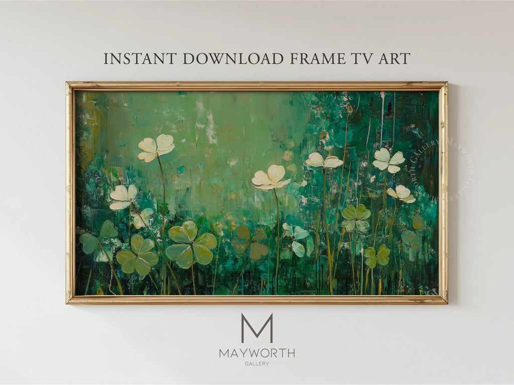 Samsung Frame TV art of green shamrocks in impressionistic style for art tv