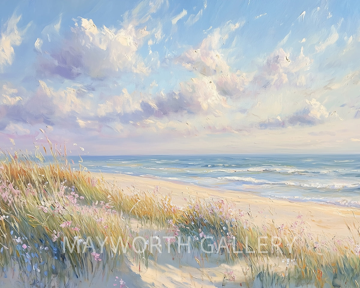 Painting of a beach scene with sand, grass, and flowers, featuring the Mayworth Gallery logo.