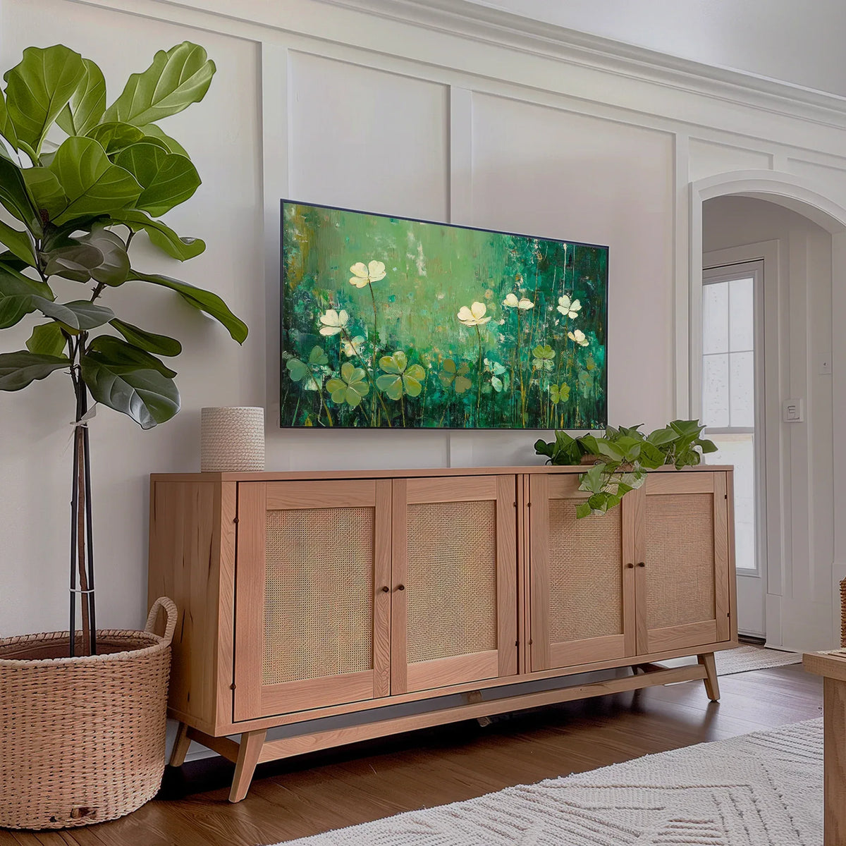 Samsung Frame TV art of green shamrocks in impressionistic style for art tv