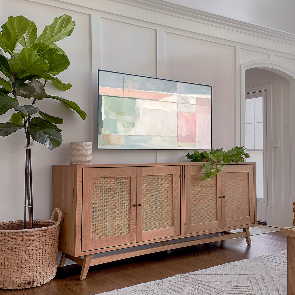 Samsung Frame TV Art | Pastel Abstract image over brown wooden console