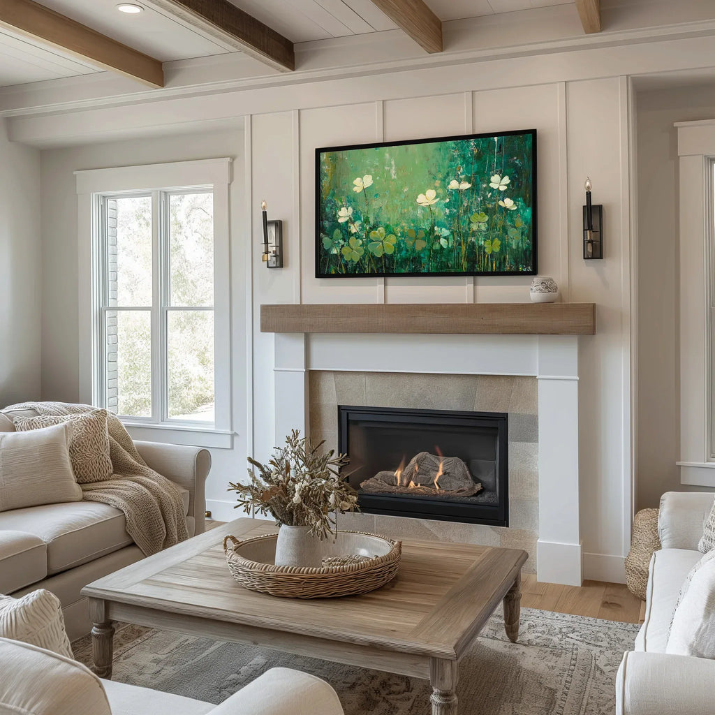Samsung Frame TV art of green shamrocks in impressionistic style for art tv