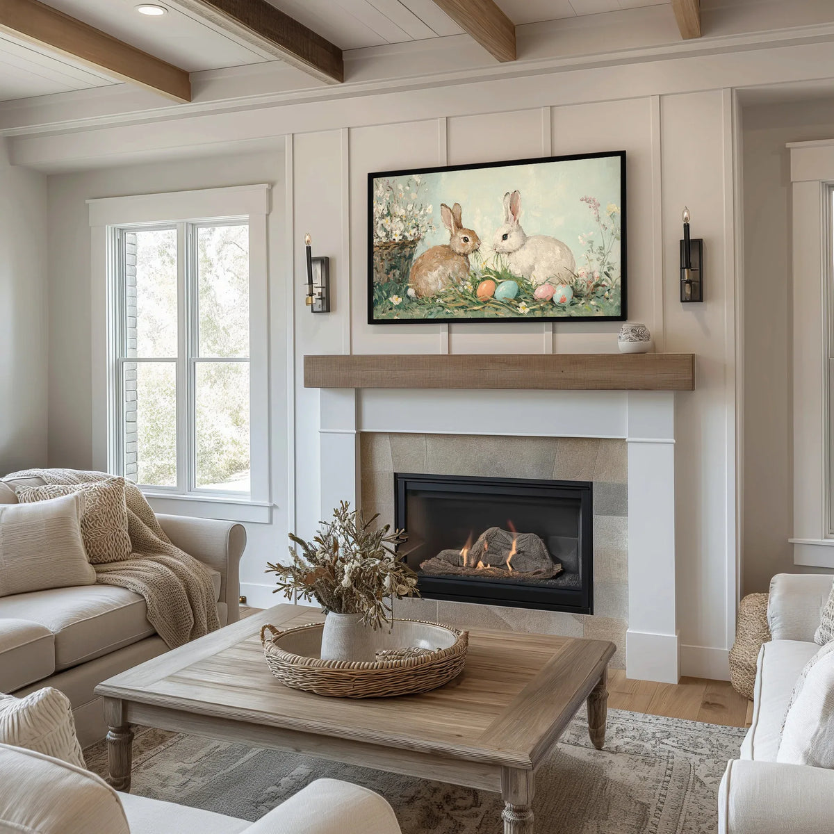Frame TV art digital download for Samsung Frame TV in white living room with fireplace