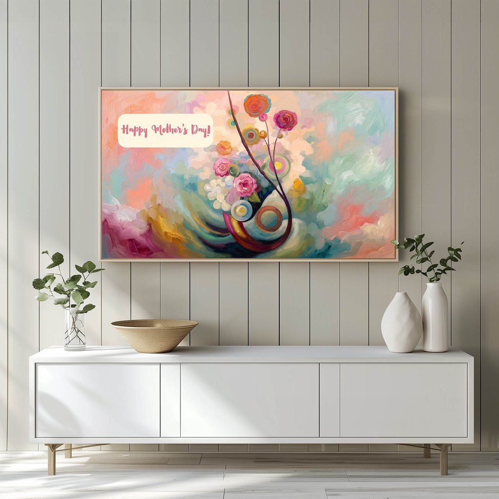 Abstract floral Mother's Day Frame TV art displayed above a white entertainment center in a bright living room