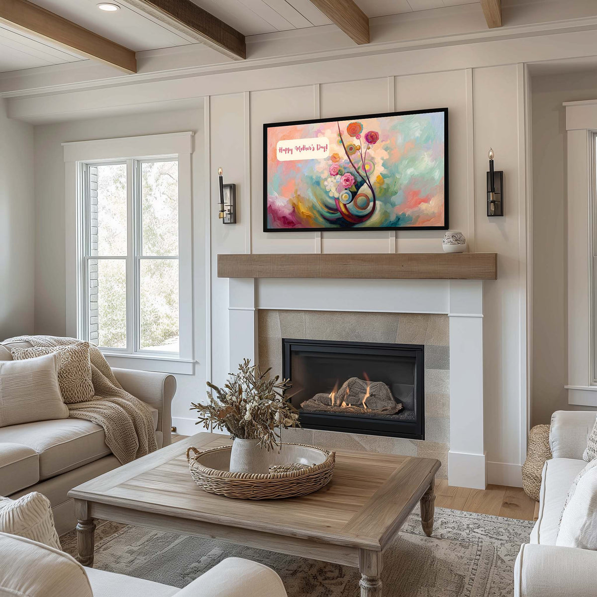 Abstract floral Mother's Day card artwork on a Samsung Frame TV above a cozy fireplace mantel