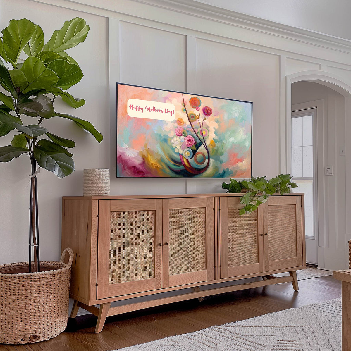 Colorful abstract floral Frame TV art displayed in a modern living room with plants and natural light