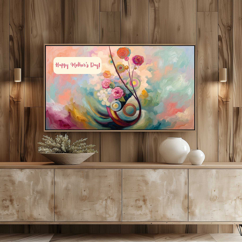 Vibrant floral digital art for Frame TV shown in a warm wood and rattan styled living room setting