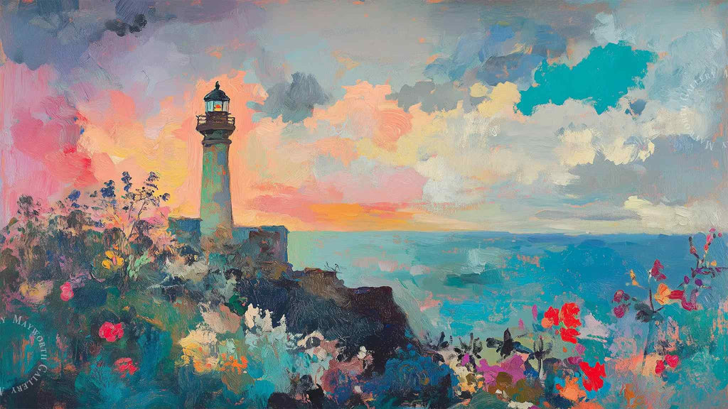 Coastal Shoreline Lighthouse Art for Samsung Frame TV — Impressionist Sunset Painting with Wildflowers