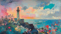Coastal Shoreline Lighthouse Art for Samsung Frame TV — Impressionist Sunset Painting with Wildflowers