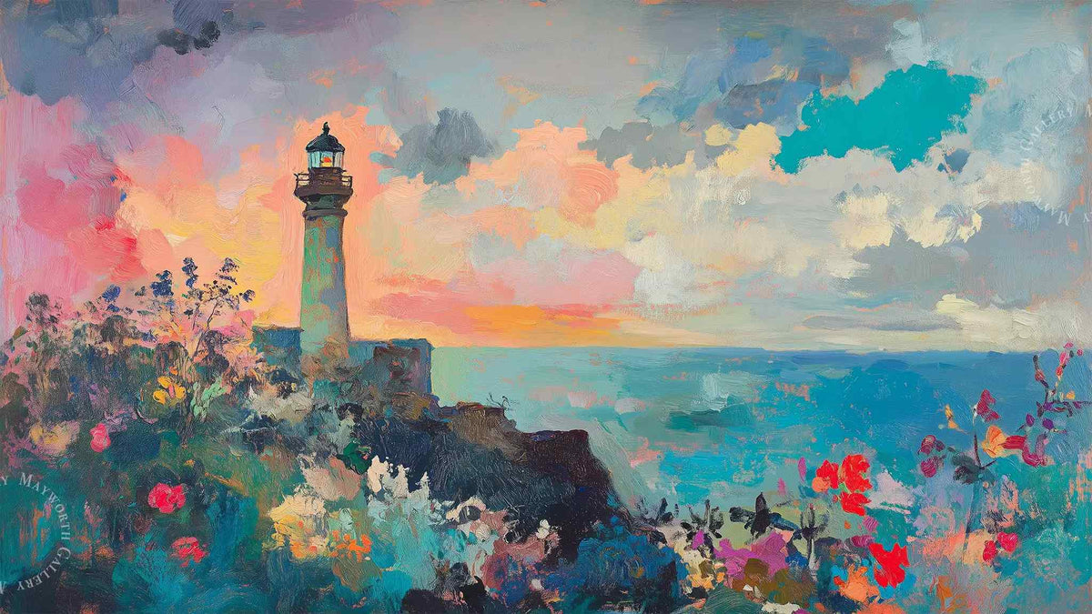 Coastal Shoreline Lighthouse Art for Samsung Frame TV — Impressionist Sunset Painting with Wildflowers