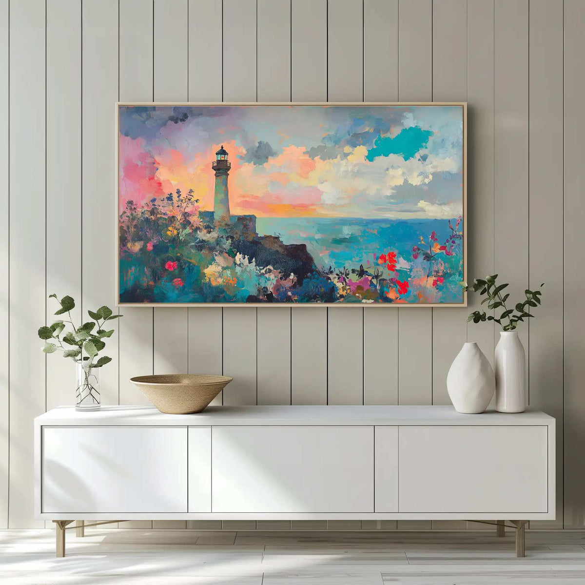 Coastal Shoreline Art on Samsung Frame TV above white entertainment center in modern living room
