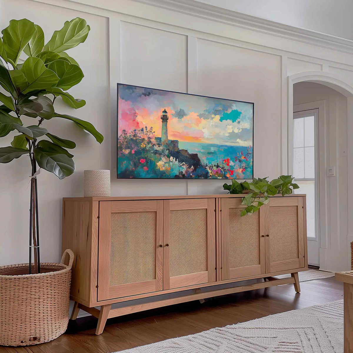 Lighthouse Coastal Art displayed on Samsung Frame TV above rattan media console with houseplants