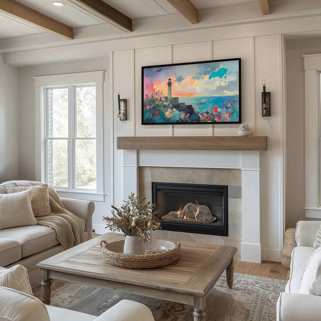 Coastal Shoreline Frame TV Art above farmhouse fireplace in white shiplap living room
