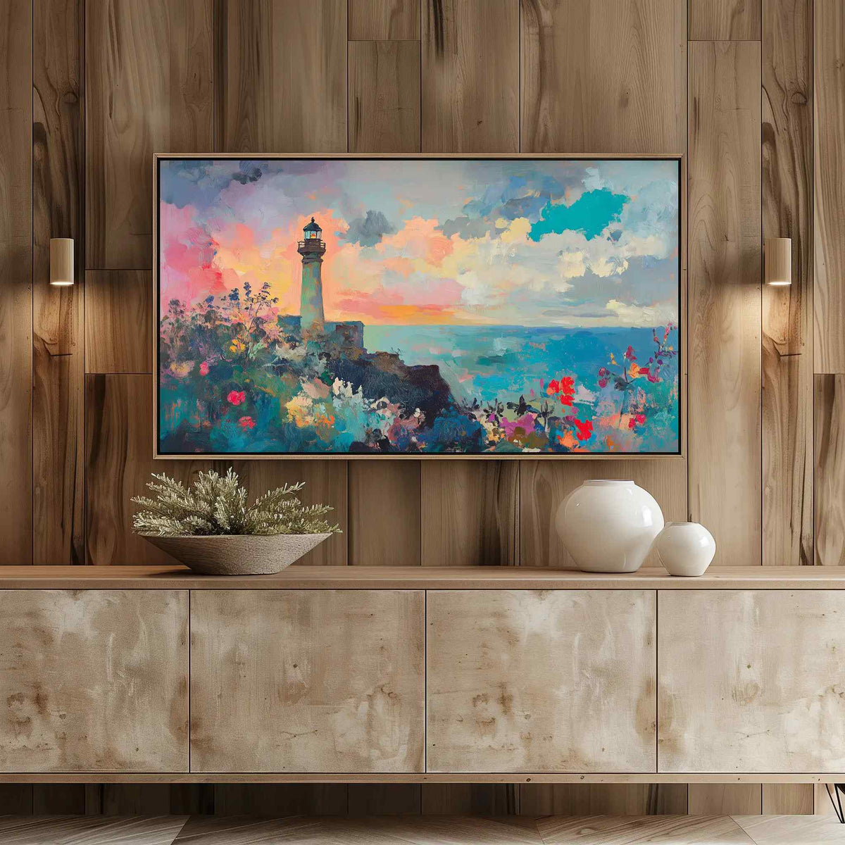 Vibrant Lighthouse Coastal Art on Frame TV against rustic wood plank wall
