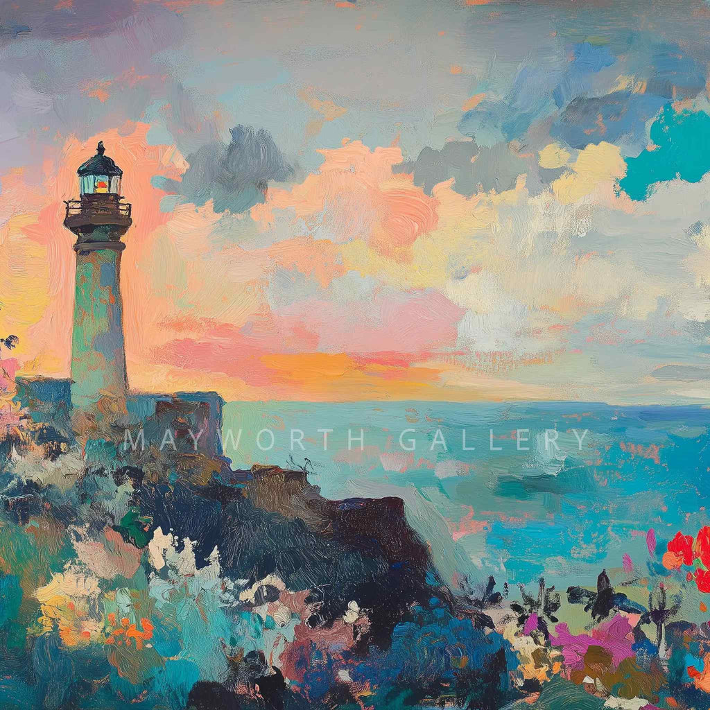 Coastal Lighthouse Frame TV Art Square Preview — Vibrant Impressionist Oil Painting by Mayworth Gallery