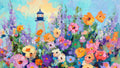 Wildflower lighthouse art displayed in Samsung Frame TV Art Mode — 4K digital download by Mayworth Gallery