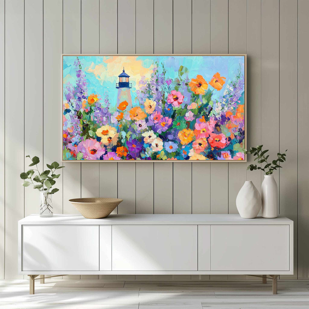 Wildflower lighthouse Frame TV art displayed on Samsung Frame TV in white entertainment center