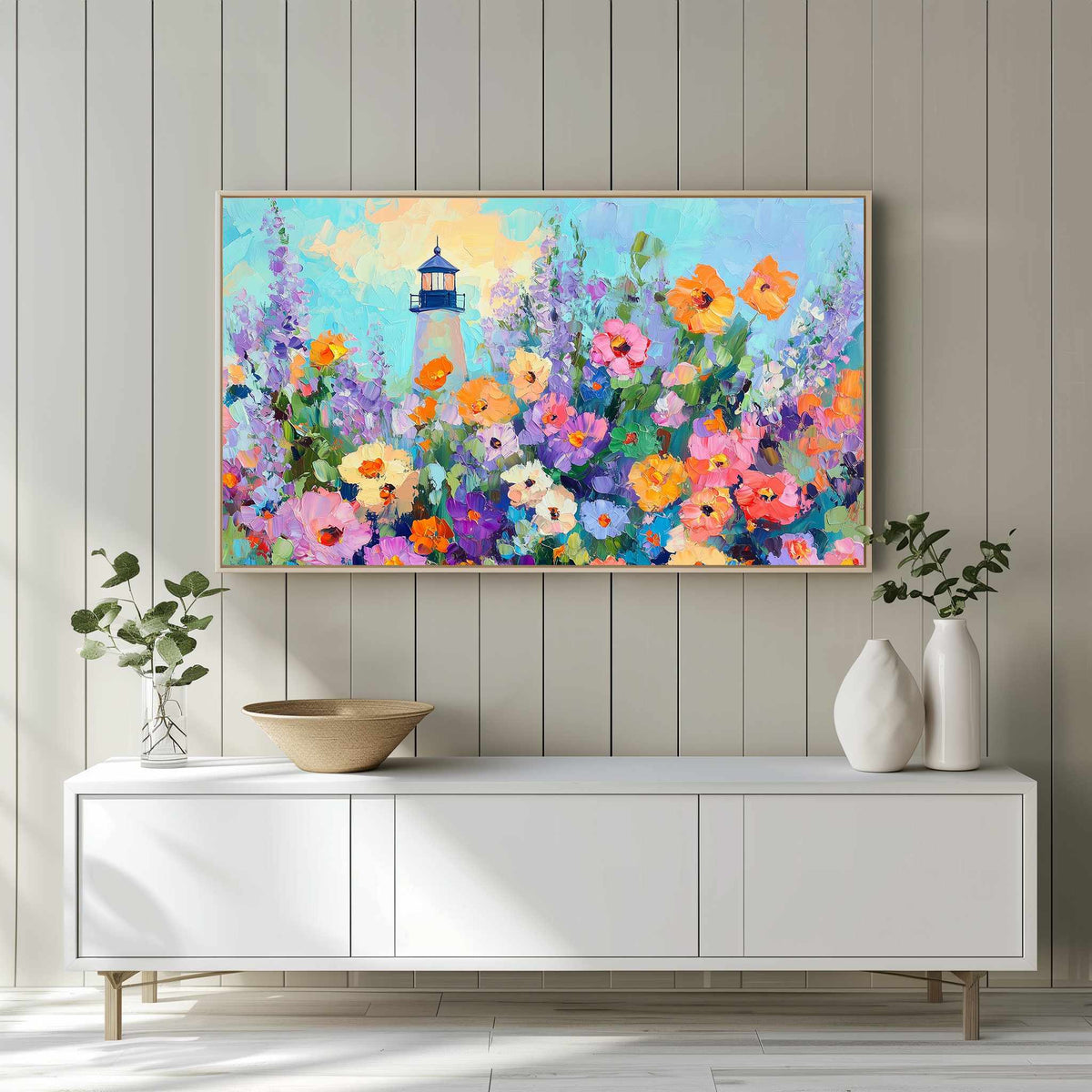 Wildflower lighthouse Frame TV art displayed on Samsung Frame TV in white entertainment center