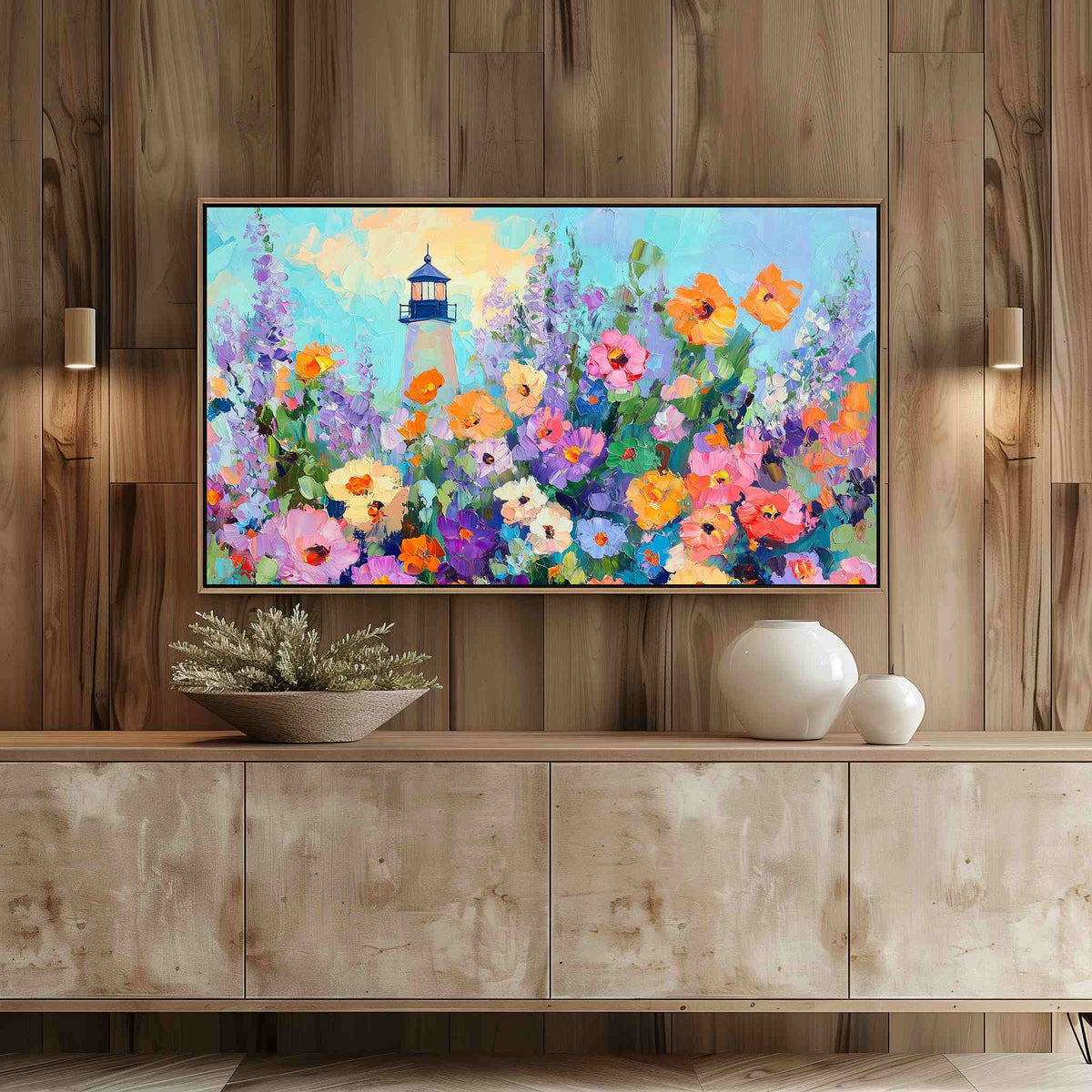 Wildflower lighthouse Samsung Frame TV artwork in living room with light wood entertainment center