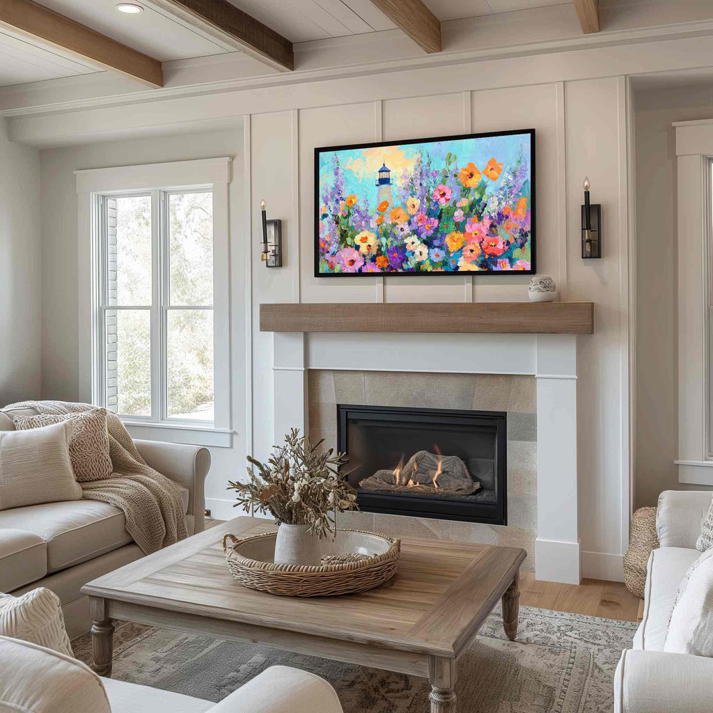 Wildflower lighthouse Frame TV art on Samsung Frame TV beside white fireplace