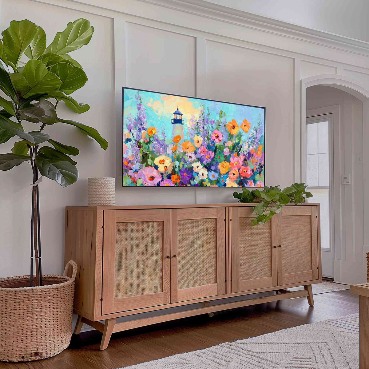 Wildflower lighthouse Samsung Frame TV art in modern living room with plants