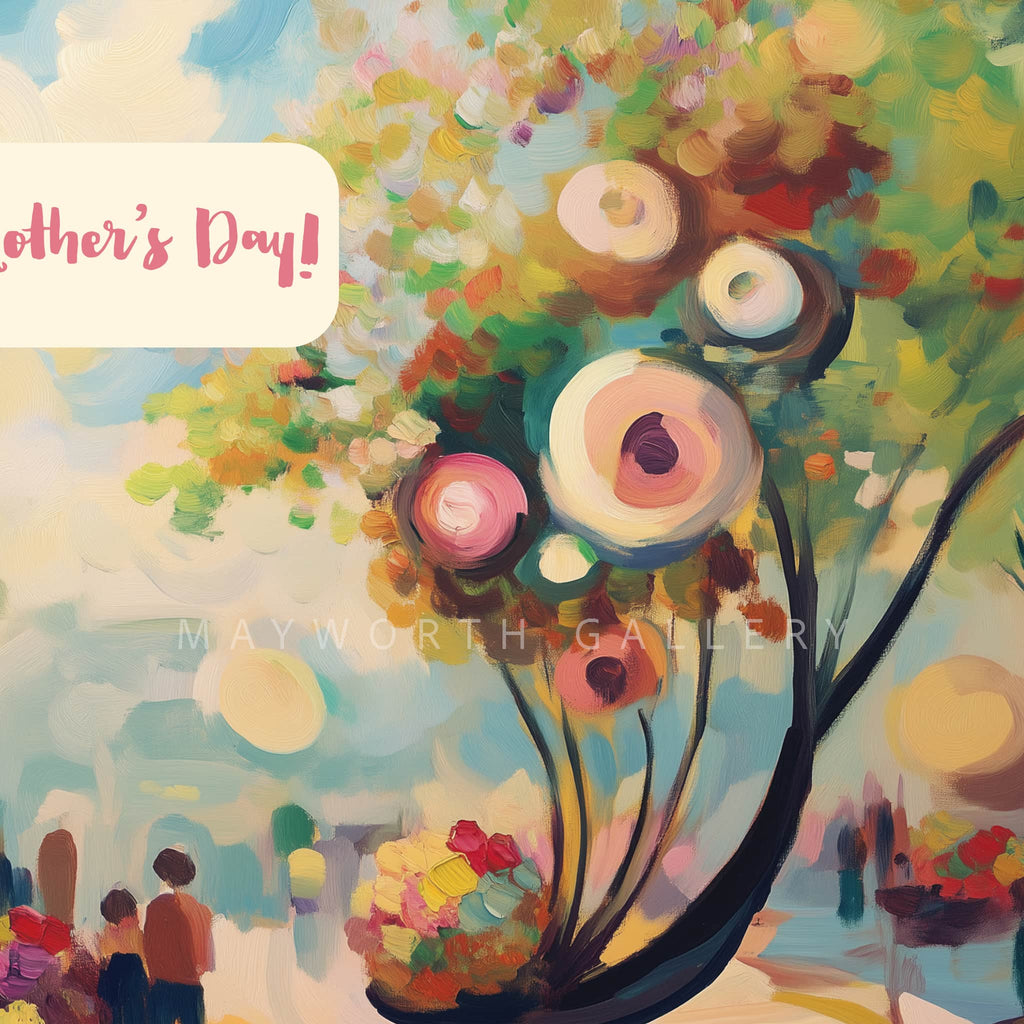 Colorful floral painting with 'Mother's Day!' text and 'Mayworth Gallery' branding.