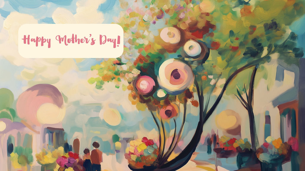 Colorful painting of a tree with flowers and people in the background, featuring 'Happy Mother's Day!' text.