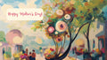 Colorful painting of a tree with flowers and people in the background, featuring 'Happy Mother's Day!' text.