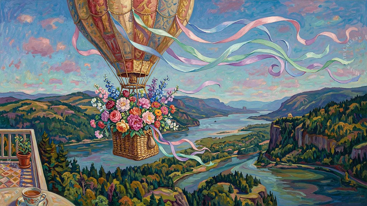 Floral hot air balloon drifting over a lush gorge - Samsung Frame TV art in 4K