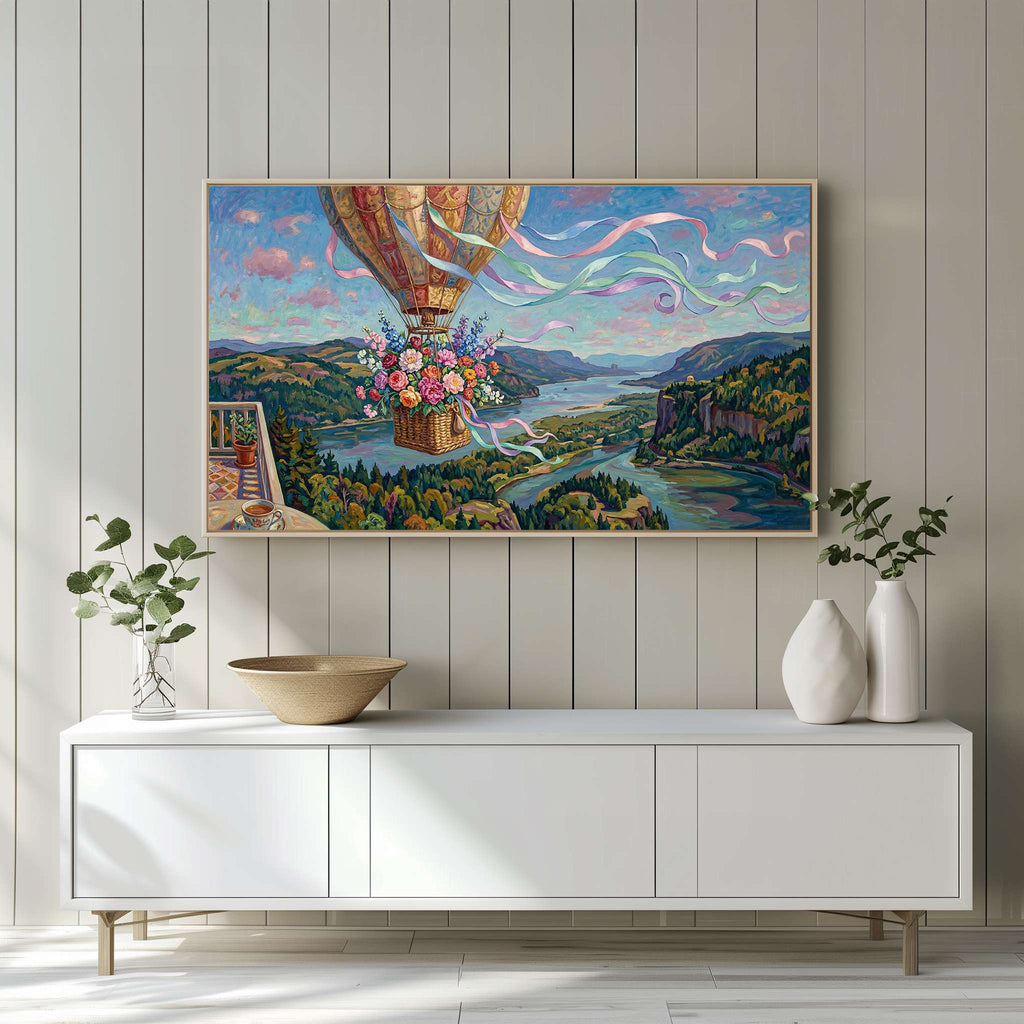 Floral hot air balloon digital art displayed in Art Mode on Samsung Frame TV in white living room