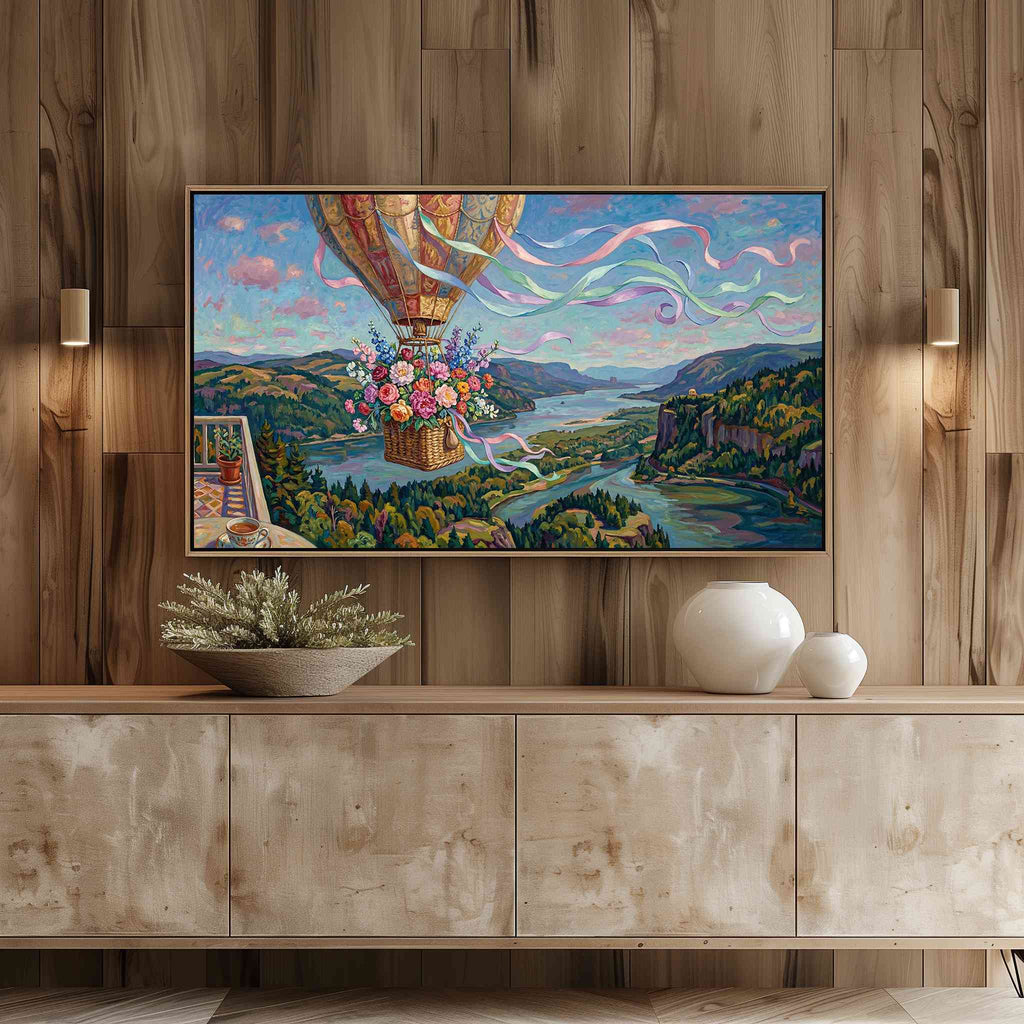 Floral hot air balloon Frame TV art on Samsung TV in light wood entertainment center room