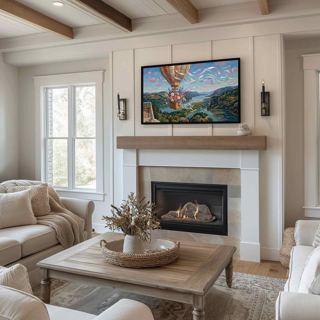 Floral hot air balloon Samsung Frame TV artwork displayed above fireplace in farmhouse living room