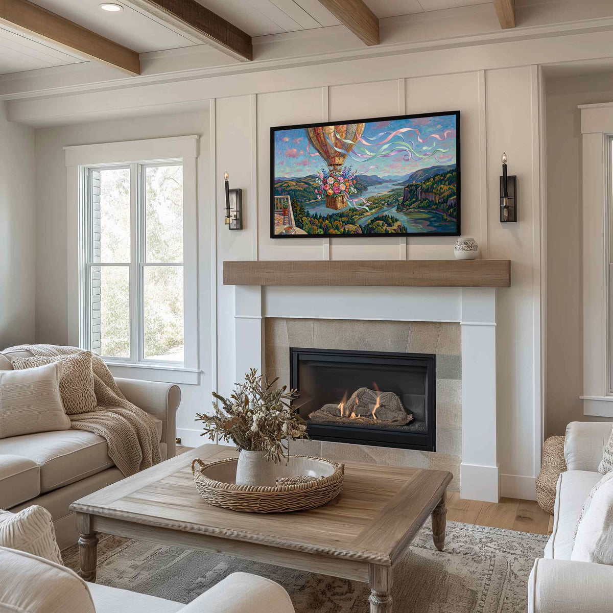 Floral hot air balloon Samsung Frame TV artwork displayed above fireplace in farmhouse living room
