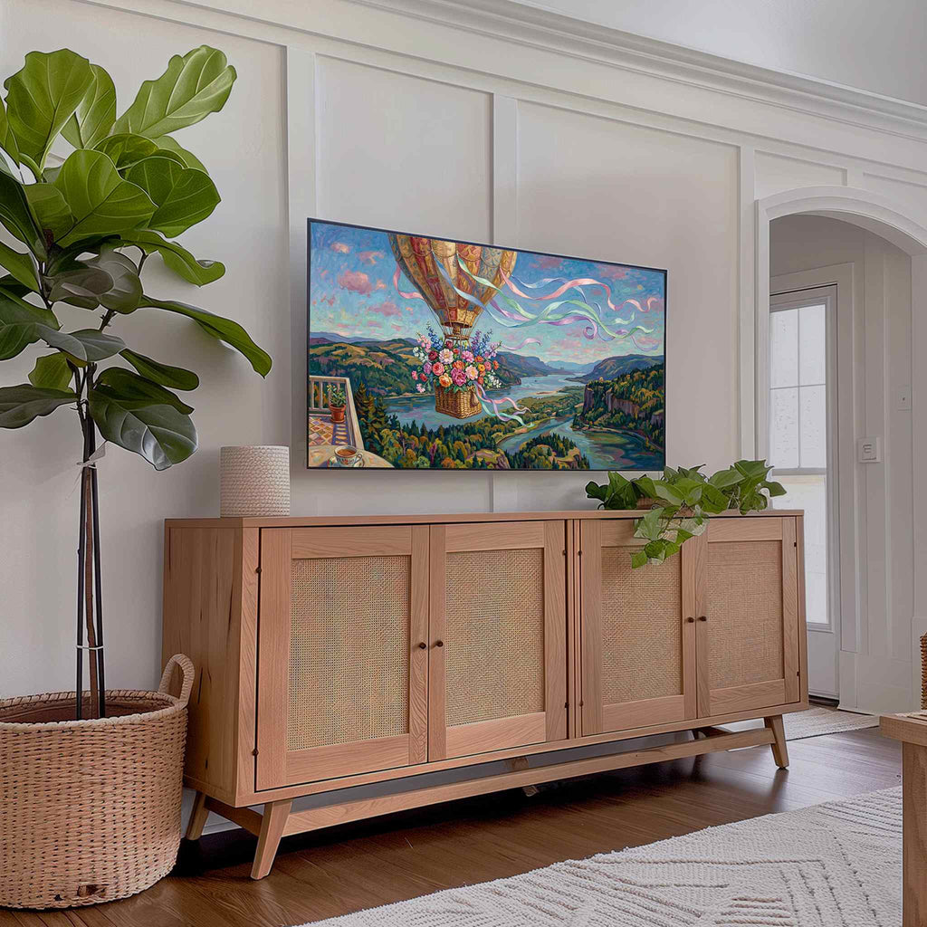 Floral hot air balloon Frame TV digital art on Samsung TV in modern living room with plants
