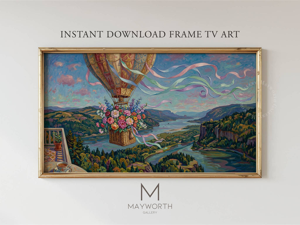 Instant download - Floral Hot Air Balloon Over the Gorge - Samsung Frame TV art by Mayworth Gallery