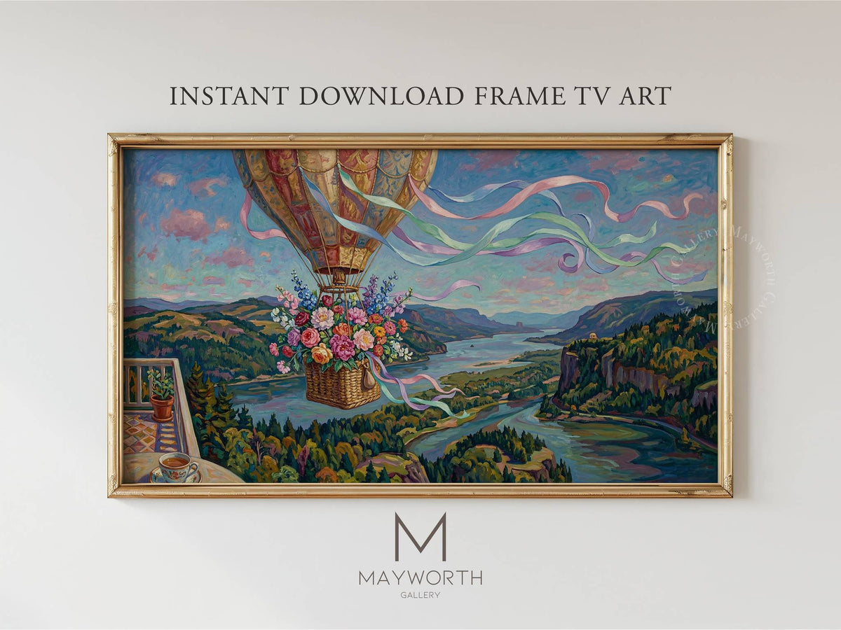Instant download - Floral Hot Air Balloon Over the Gorge - Samsung Frame TV art by Mayworth Gallery