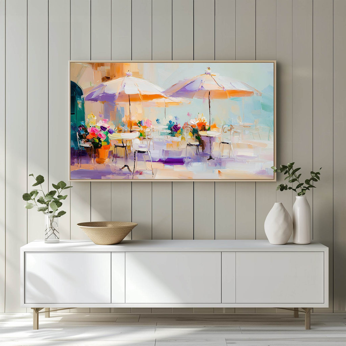 Impasto oil painting Frame TV art displayed on Samsung Frame TV in white entertainment center