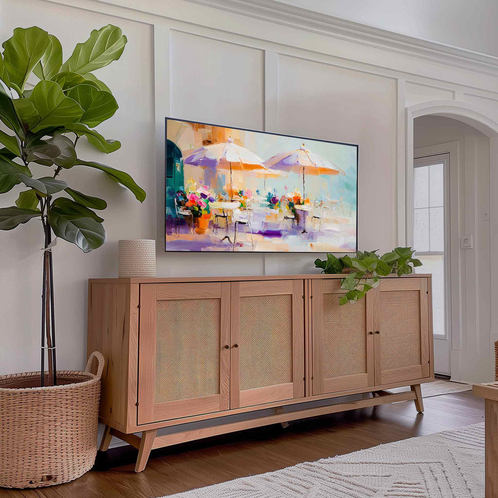 Impasto oil painting Samsung Frame TV artwork in living room with plants and natural light