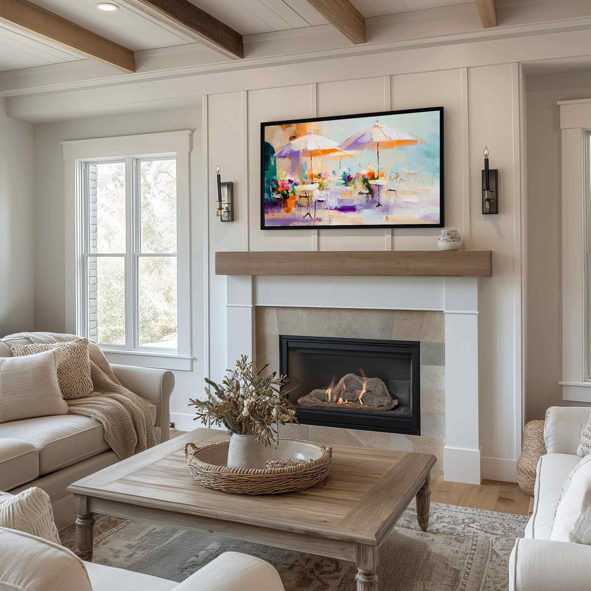 Impasto oil painting Frame TV art on Samsung Frame TV beside white fireplace