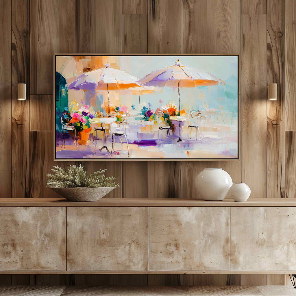 Impasto oil painting Samsung Frame TV art in modern light wood living room