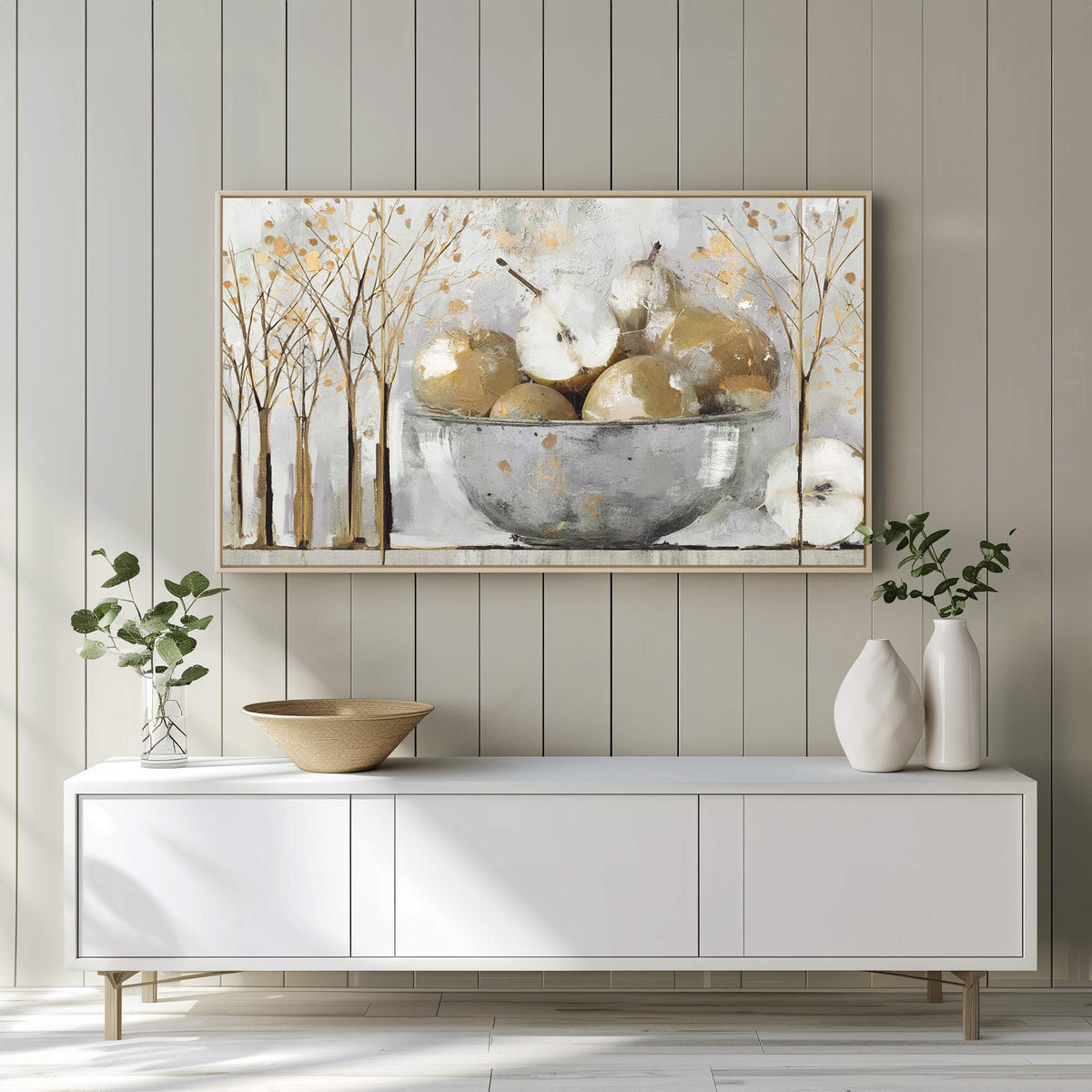 Golden Abstract Still Life Frame TV art displayed in a bright white living room with entertainment center