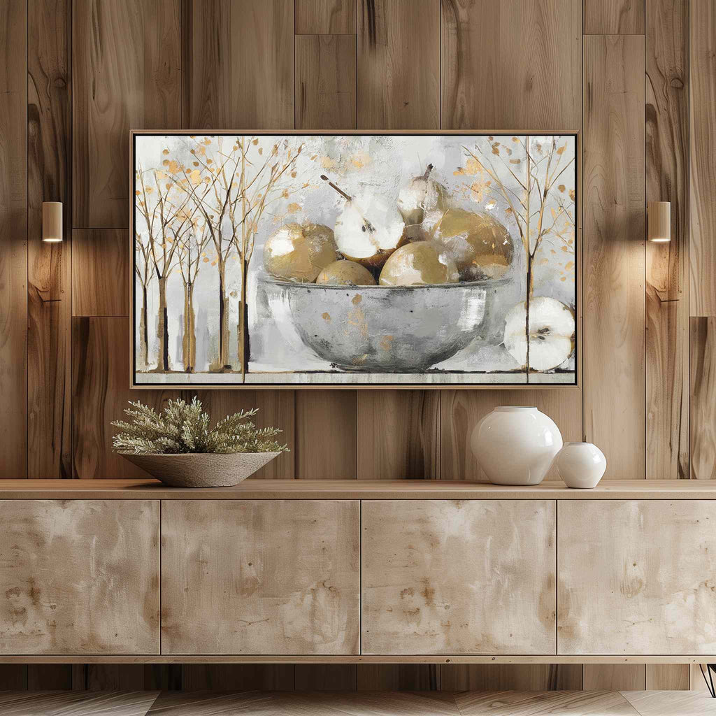 Golden Abstract Still Life Samsung Frame TV art in a light wood coastal-style entertainment center