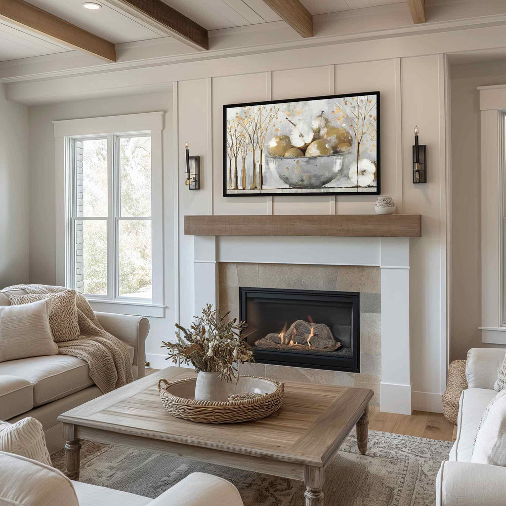 Golden Abstract Still Life digital art on Samsung Frame TV above a white fireplace in a modern living room