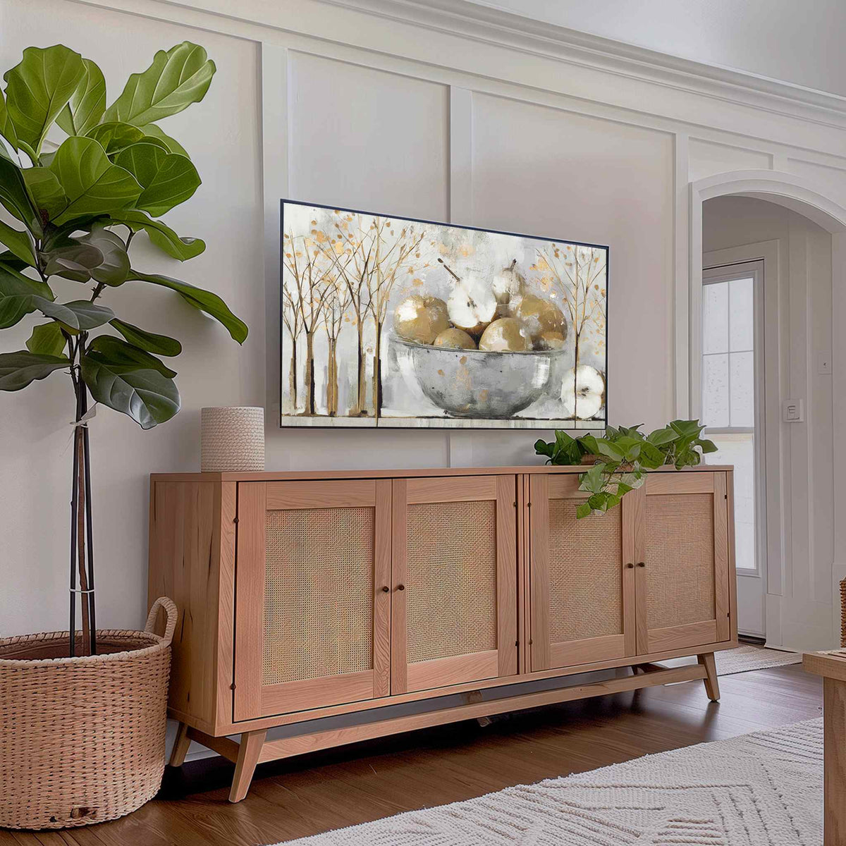 Golden Abstract Still Life Frame TV art displayed in a contemporary living room with plants and natural light