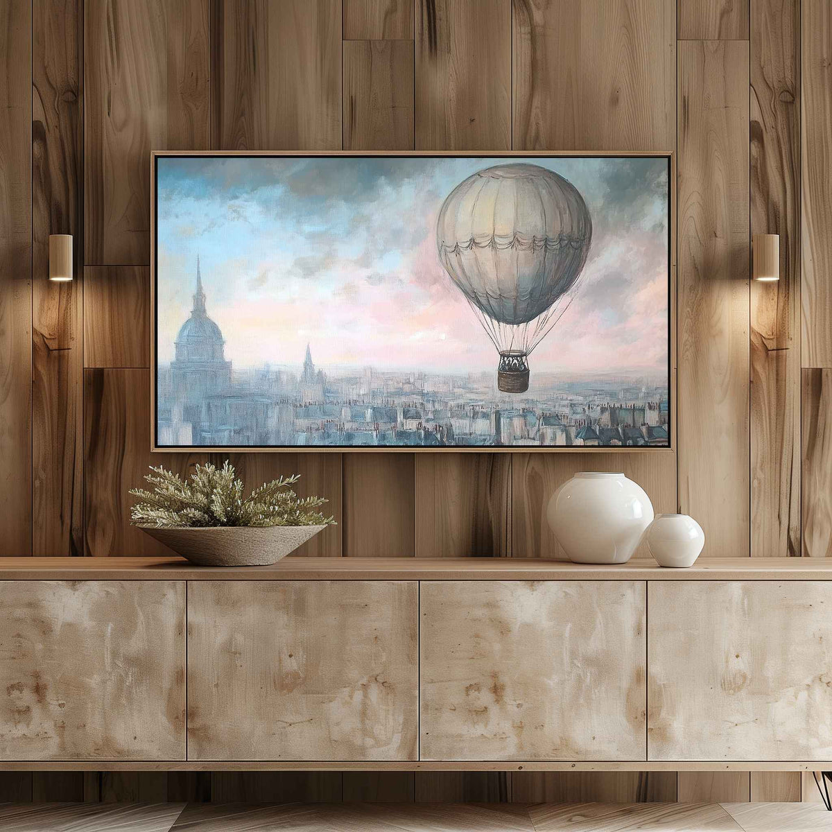Pastel hot air balloon illustration on Samsung Frame TV in living room with light wood entertainment center